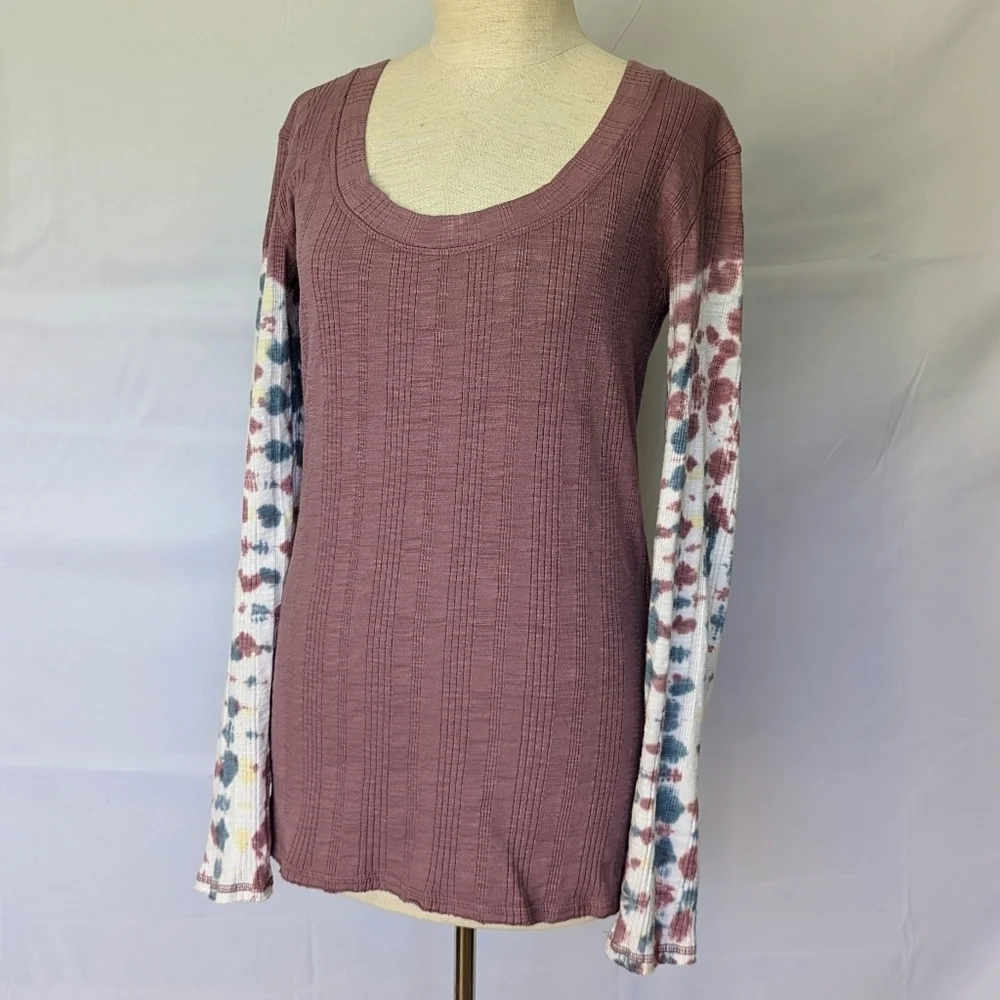 Free People Big Sur Top Long Tie Dyed Sleeves Scoop Neck Ribbed Knit Mauve L EUC